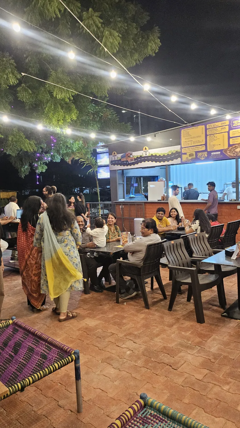 Restaurant exterior with festive string lights